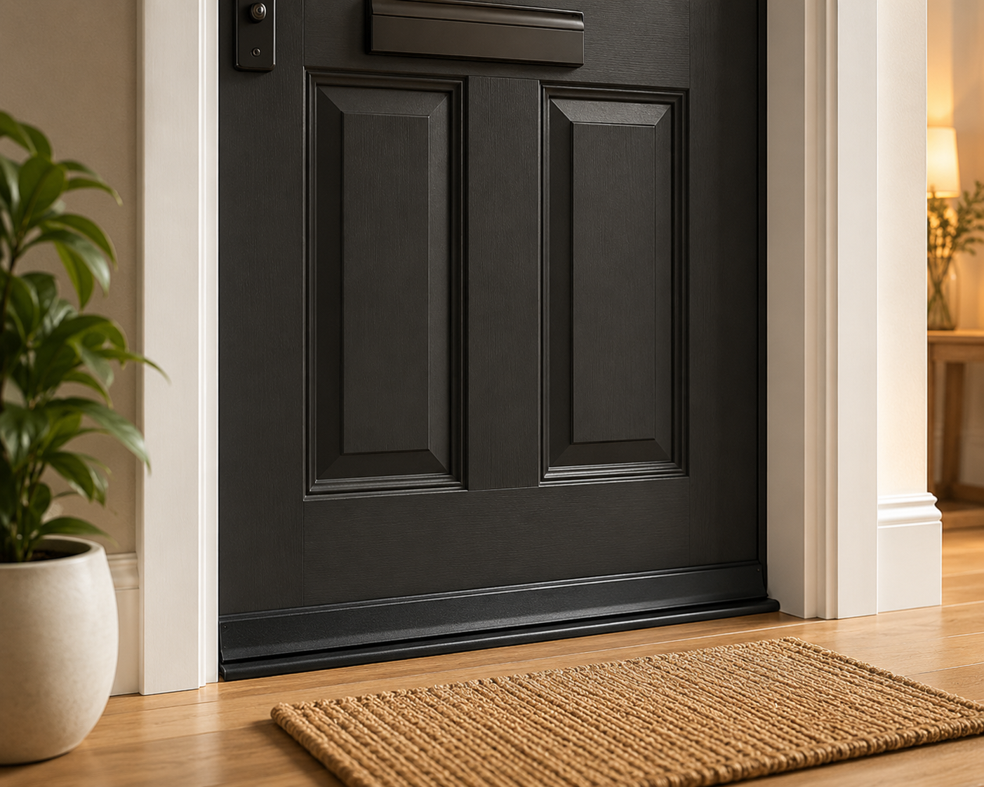 Draughtproofed front door with neat threshold seal