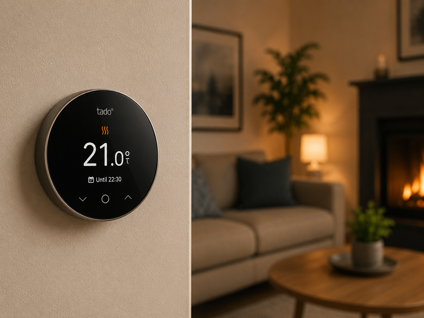 Smart thermostat in a warm living room